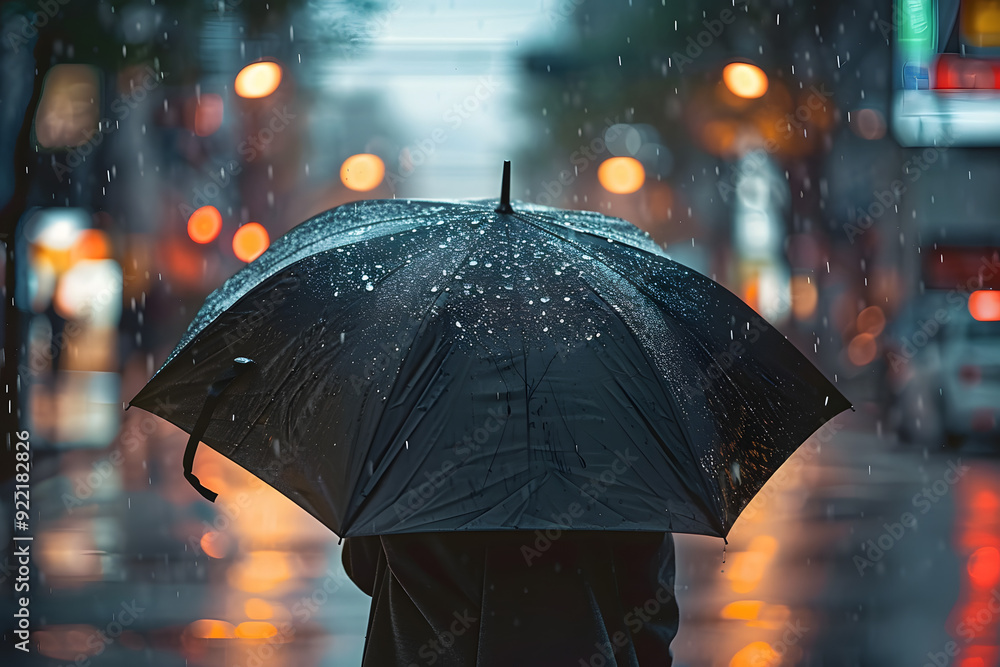 Back view of woman with open black umbrella in heavy rain in city Back view of woman with open black umbrella in heavy rain in city