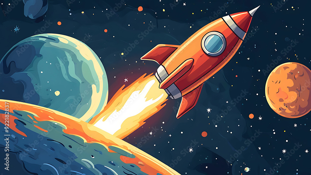 Cartoon rocket orbiting a planet Cartoon rocket orbiting a planet