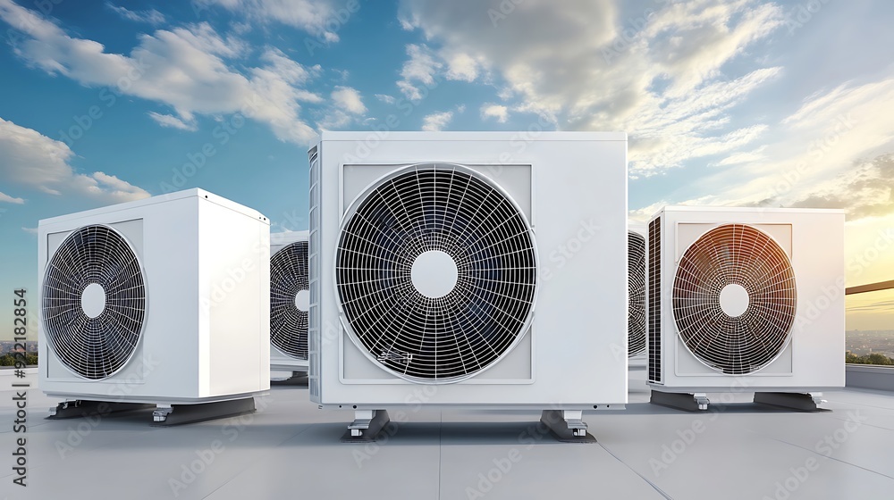 A collection of modern air conditioning units on a rooftop, showcasing their sleek design against a vibrant sky. Ideal for illustrating HVAC systems and cool environments. A collection of modern air conditioning units on a rooftop, showcasing their sleek design against a vibrant sky. Ideal for illustrating HVAC systems and cool environments.
