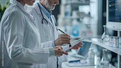 Medical researchers from different fields discussing a clinical trial, with charts and tablets, highlighting the collaborative nature of medical research