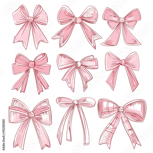 A variety of detailed pink bows on a white background.
