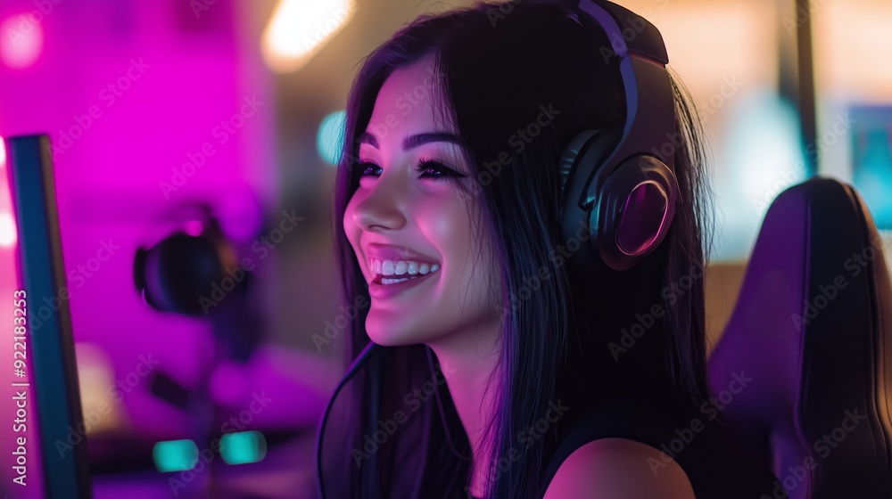 Fototapeta premium Young woman enjoying gaming in a colorful, vibrant gaming setup