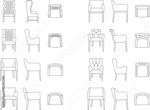 A set of chair models with a view from three angles