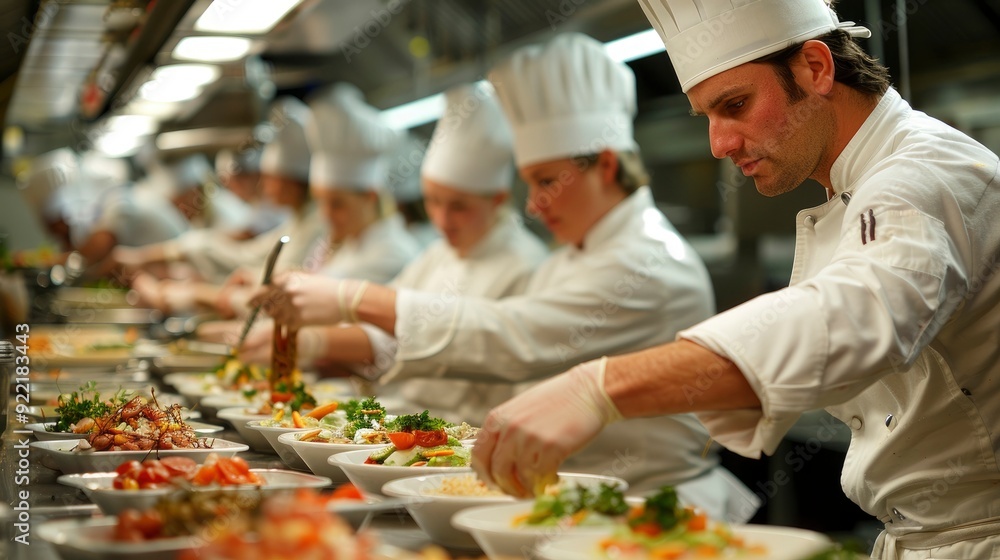 A team of chefs collaborating on a new menu, with ingredients and recipes, highlighting the creative teamwork in culinary arts A team of chefs collaborating on a new menu, with ingredients and recipes, highlighting the creative teamwork in culinary arts