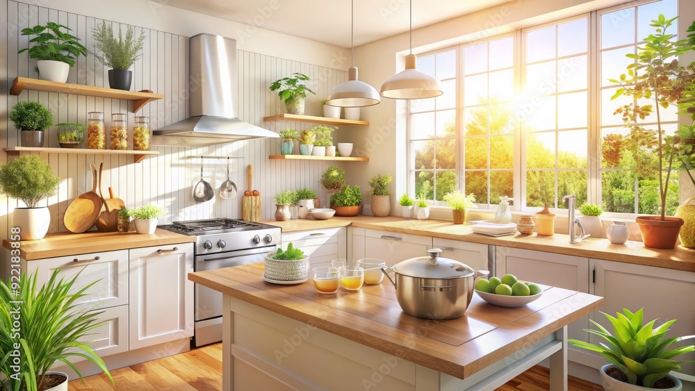 Sparkling clean kitchen countertops and appliances reflect sunlight, surrounded by neatly organized utensils and a few strategically placed potted plants, exuding warmth and serenity. Sparkling clean kitchen countertops and appliances reflect sunlight, surrounded by neatly organized utensils and a few strategically placed potted plants, exuding warmth and serenity.