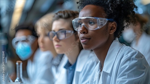 A diverse group of scientists conducting a research experiment, with lab equipment and data sheets, showcasing the collaborative nature of scientific discovery