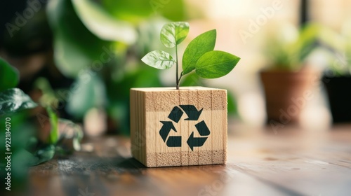 Recycle Symbol with Plant on Wood Block photo