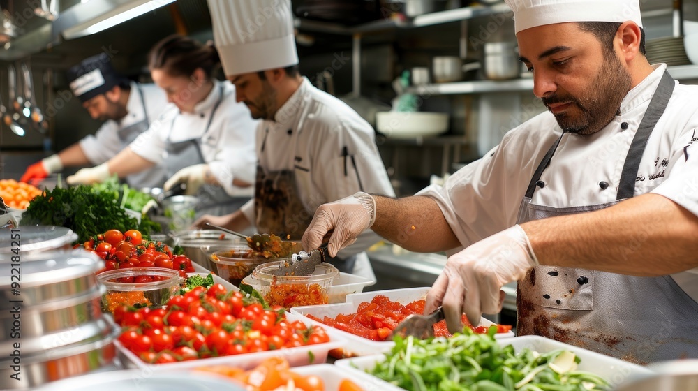 A team of chefs experimenting with new recipes, with ingredients and cooking tools, highlighting creative collaboration in the kitchen A team of chefs experimenting with new recipes, with ingredients and cooking tools, highlighting creative collaboration in the kitchen