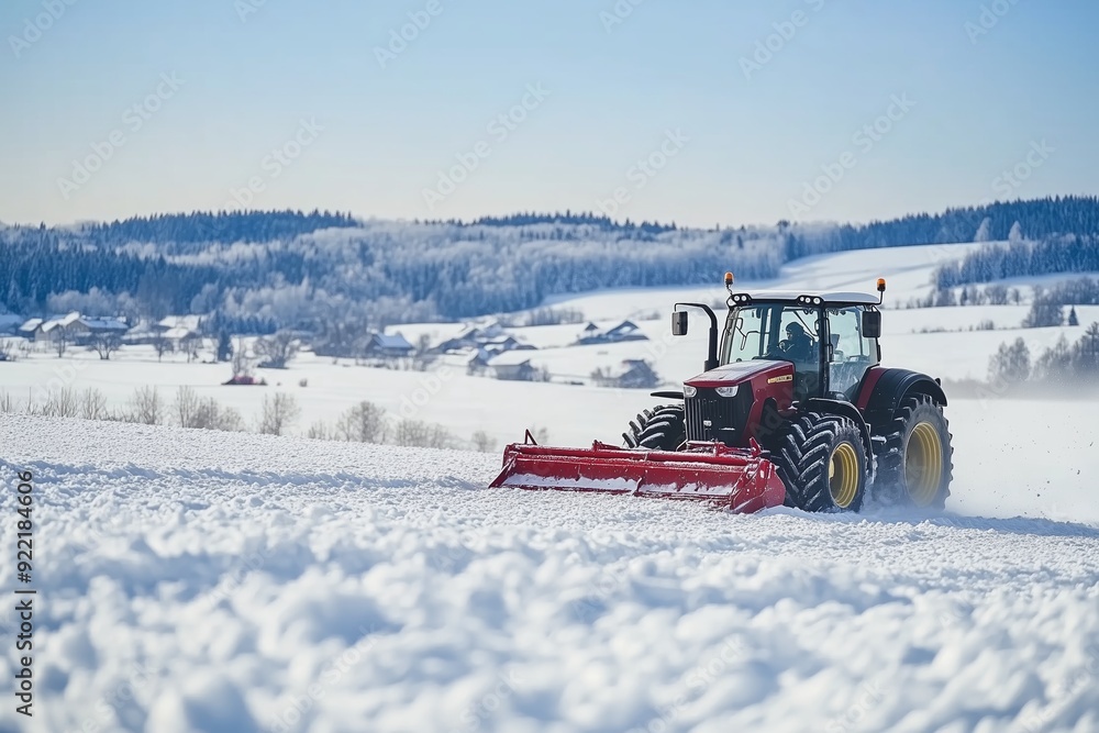 Tractor clearing snow from a rural field during winter in a scenic landscape Tractor clearing snow from a rural field during winter in a scenic landscape