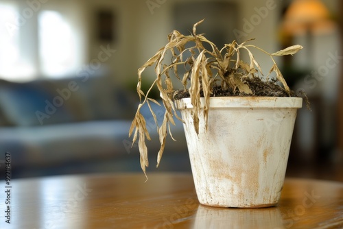 Wilted houseplant in white pot on wooden table