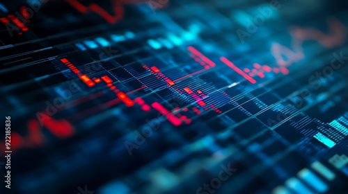 Abstract data visualization with blue and red lines representing fluctuating financial trends on a digital interface.