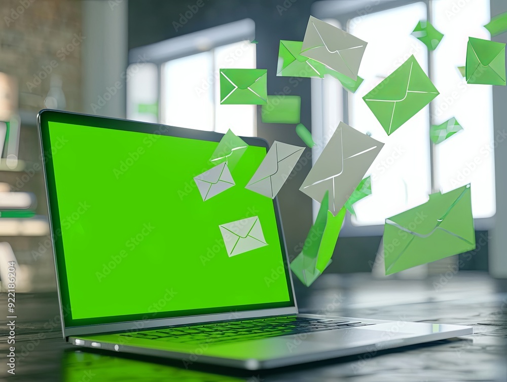 Digital Marketing Concept - Laptop with Green Screen and Flying Envelopes in Studio Setting Digital Marketing Concept - Laptop with Green Screen and Flying Envelopes in Studio Setting