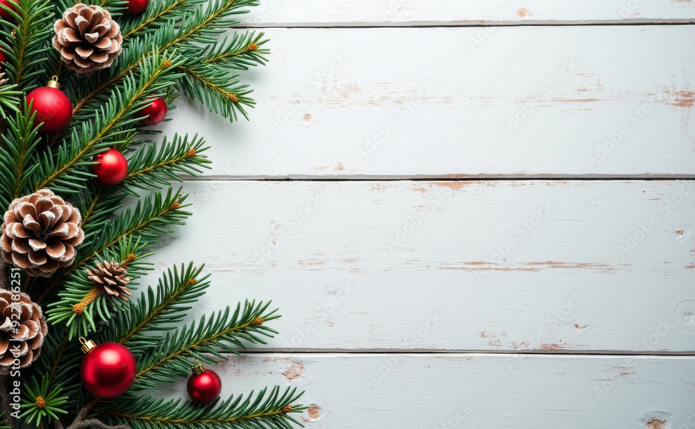 Christmas tree branches with pine cones and balls on wooden background. Christmas tree branches with pine cones and balls on wooden background.