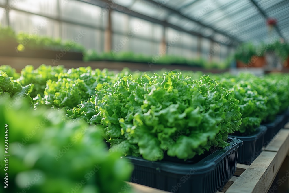 Fresh green lettuce growing in a sunny greenhouse environment during daytime Fresh green lettuce growing in a sunny greenhouse environment during daytime