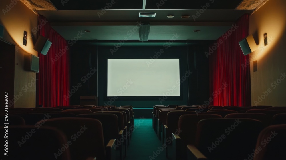 A quiet cinema hall features an empty seating area and a large blank screen, framed by elegant red curtains, creating a peaceful atmosphere. A quiet cinema hall features an empty seating area and a large blank screen, framed by elegant red curtains, creating a peaceful atmosphere.