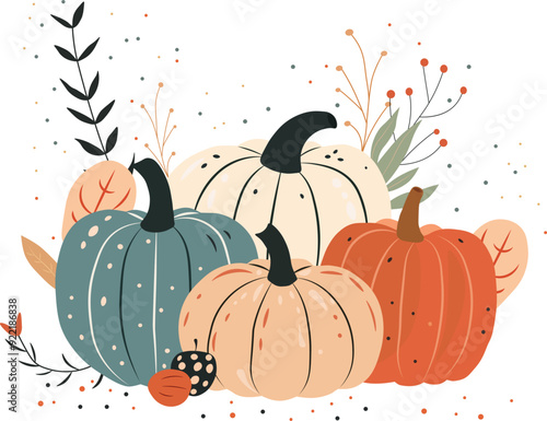 Autumn composition, cute hand drawn pumpkins. Vector illustration in flat style