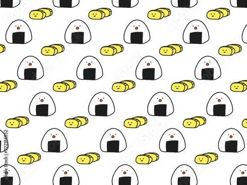 おにぎりとたくあん手描きイラストパターン柄　テクスチャ素材