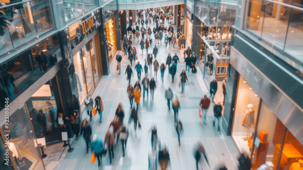 Obraz premium A motion blur image capturing the fast-paced movement of shoppers in a modern shopping mall. The vibrant, brightly lit retail space with multiple levels and sleek architecture.