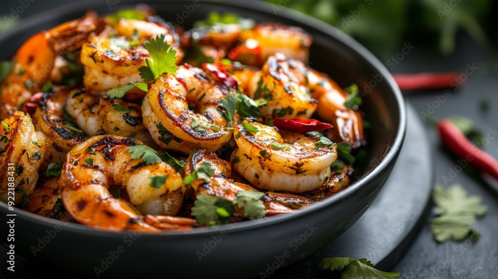 A detailed shot of a bowl of grilled shrimp with a spicy marinade, surrounded by garnishes like cilantro and red chili, emphasizing the flavor and visual appeal. A detailed shot of a bowl of grilled shrimp with a spicy marinade, surrounded by garnishes like cilantro and red chili, emphasizing the flavor and visual appeal.