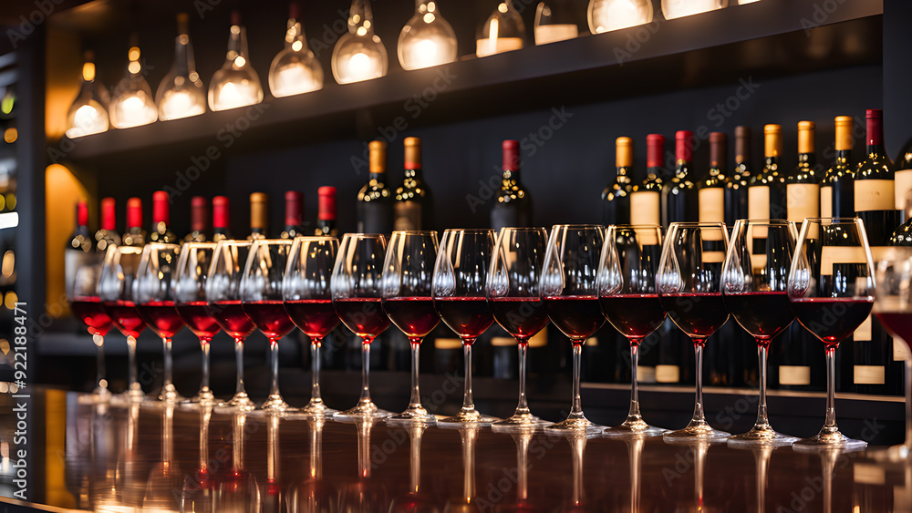 Wine tasting, degustation and degustation concept - row of glasses with red wine on bar counter Wine tasting, degustation and degustation concept - row of glasses with red wine on bar counter