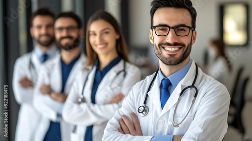 A confident group of healthcare professionals, including a smiling male doctor of Middle-Eastern descent, showcasing teamwork and dedication in a modern medical setting.