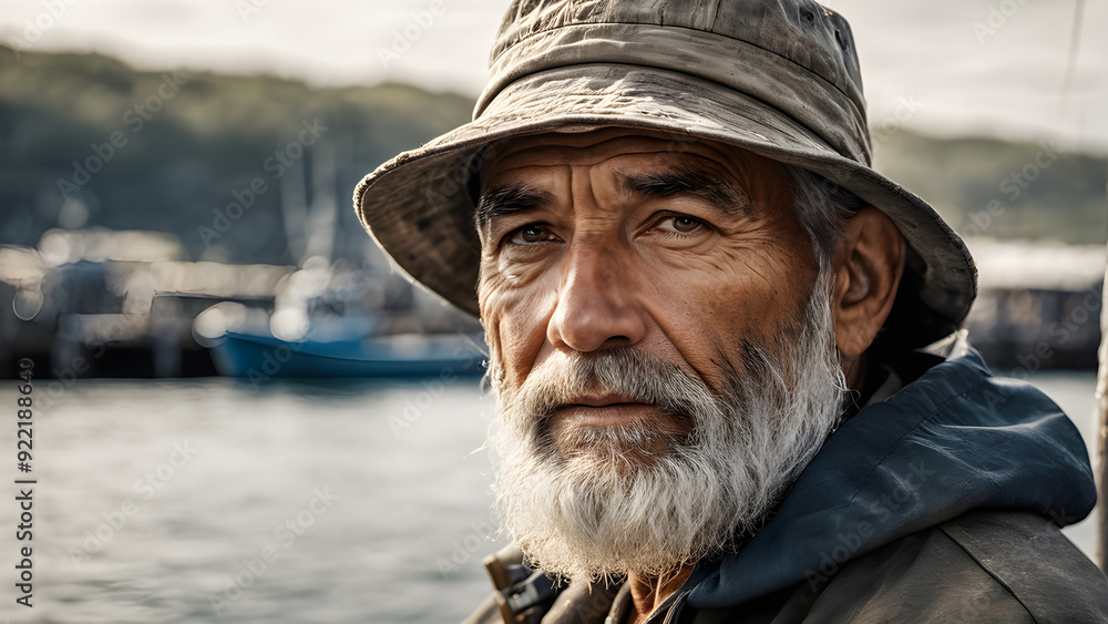 Portrait of an old man with a gray beard in a hat on the background of fishing boats Portrait of an old man with a gray beard in a hat on the background of fishing boats
