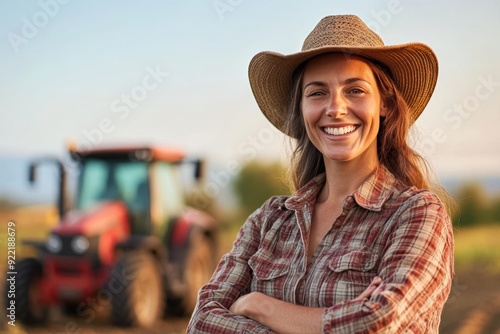 Smiling female farmer with tractor at sunset in the countryside photo