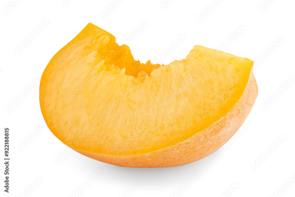 Peach wedge isolated. One peach or nectarine fruit piece on white background. Peach wedge isolated. One peach or nectarine fruit piece on white background.