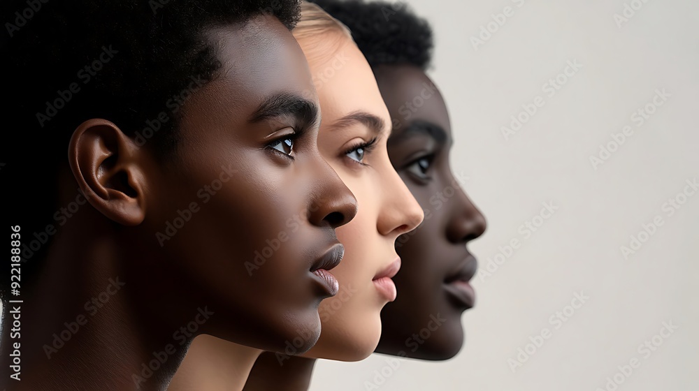 Diverse profiles of three young individuals showcasing unique skin tones and features, emphasizing unity and beauty in diversity against a neutral background. Diverse profiles of three young individuals showcasing unique skin tones and features, emphasizing unity and beauty in diversity against a neutral background.
