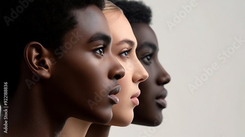 Diverse profiles of three young individuals showcasing unique skin tones and features, emphasizing unity and beauty in diversity against a neutral background.