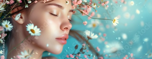 A beautiful woman with flowers in her hair, white and pink daisies, on a blue background