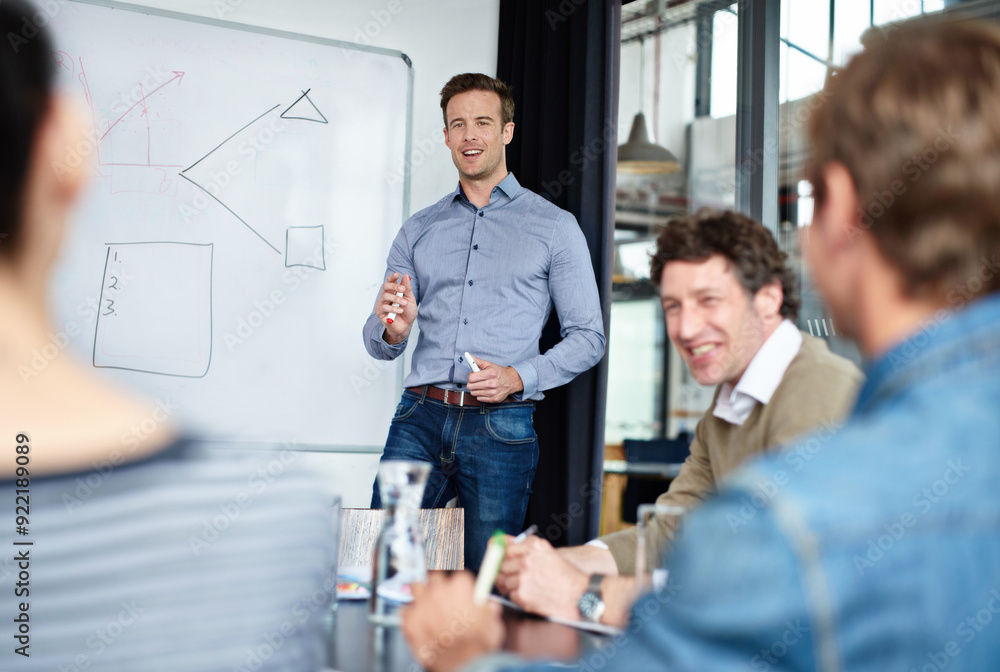 Happy businessman, whiteboard and discussion with team for meeting, planning or brainstorming at office. Man or speaker talking to employees with smile, graph or chart for presentation in boardroom Happy businessman, whiteboard and discussion with team for meeting, planning or brainstorming at office. Man or speaker talking to employees with smile, graph or chart for presentation in boardroom