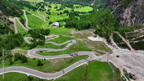 Aerial view of Alpe di Siusi with Sassolungo, Dolomites, Italy