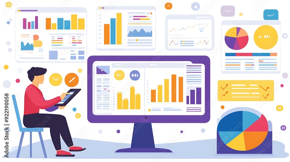 A young male data analyst, focused on tablet, surrounded by colorful data visualizations, embodying a modern workspace with charts and graphs. A young male data analyst, focused on tablet, surrounded by colorful data visualizations, embodying a modern workspace with charts and graphs.