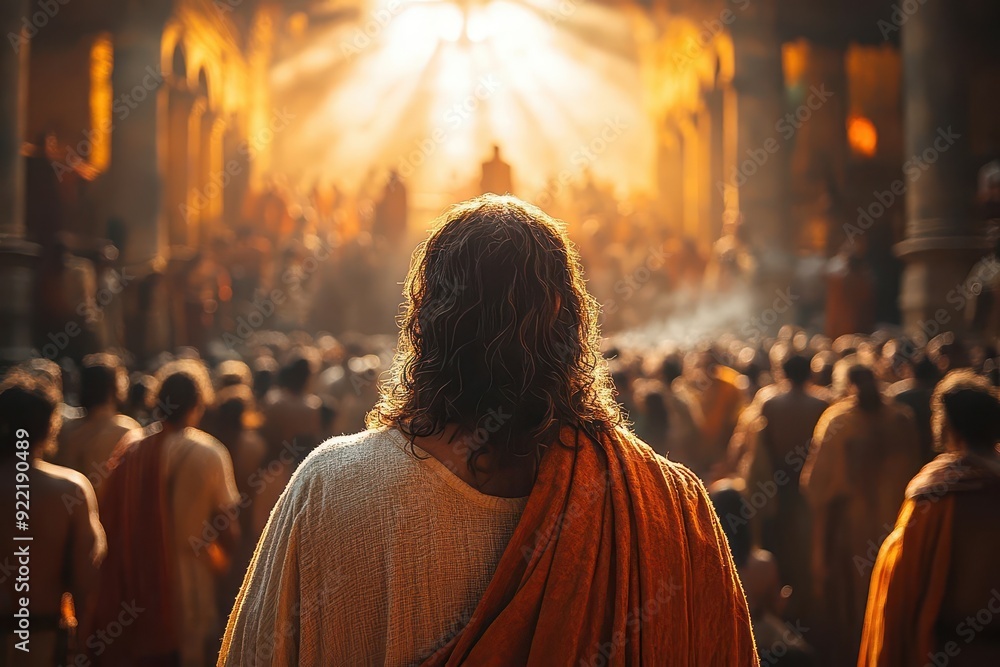 captivating view of jesus addressing a diverse crowd seen from behind the listeners rich warm colors and atmospheric lighting emphasize the powerful moment of teaching captivating view of jesus addressing a diverse crowd seen from behind the listeners rich warm colors and atmospheric lighting emphasize the powerful moment of teaching