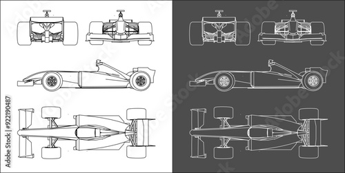 set of formula 1 car. F1  line art draw blueprint wireframe from all side view. isolated on transparent background 