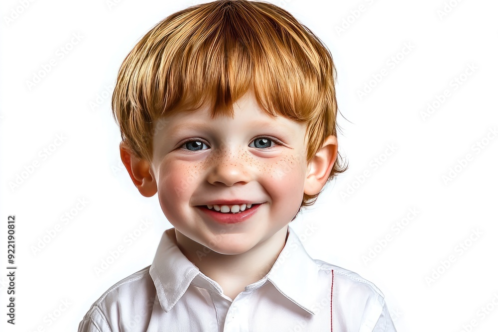 A joyful child with red hair smiles brightly against a white background, capturing the innocence of youth A joyful child with red hair smiles brightly against a white background, capturing the innocence of youth