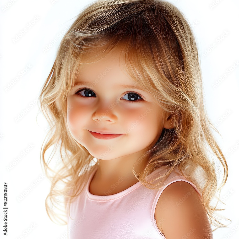 Joyful young girl with wavy hair beaming with happiness in soft natural light on a white background Joyful young girl with wavy hair beaming with happiness in soft natural light on a white background