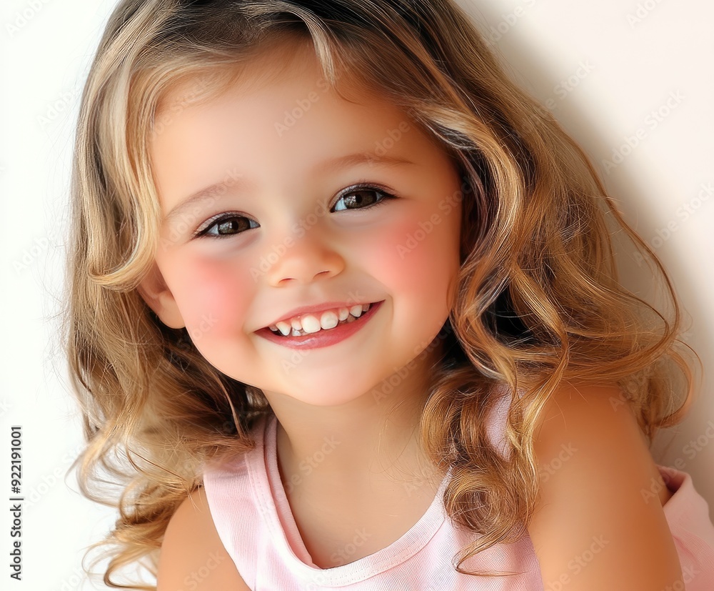 Joyful girl with curly hair smiles brightly against a soft neutral backdrop Joyful girl with curly hair smiles brightly against a soft neutral backdrop