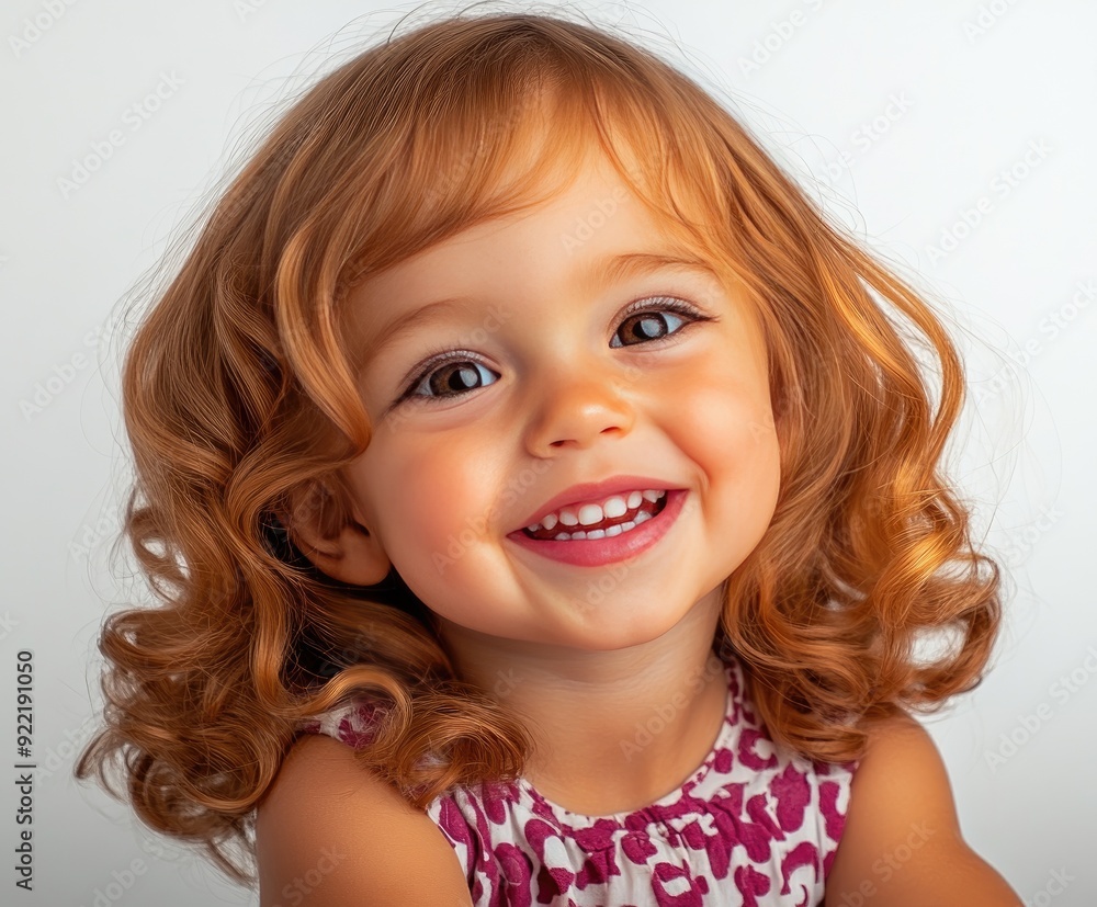 A joyful little girl with curly red hair smiles brightly against a soft white background A joyful little girl with curly red hair smiles brightly against a soft white background