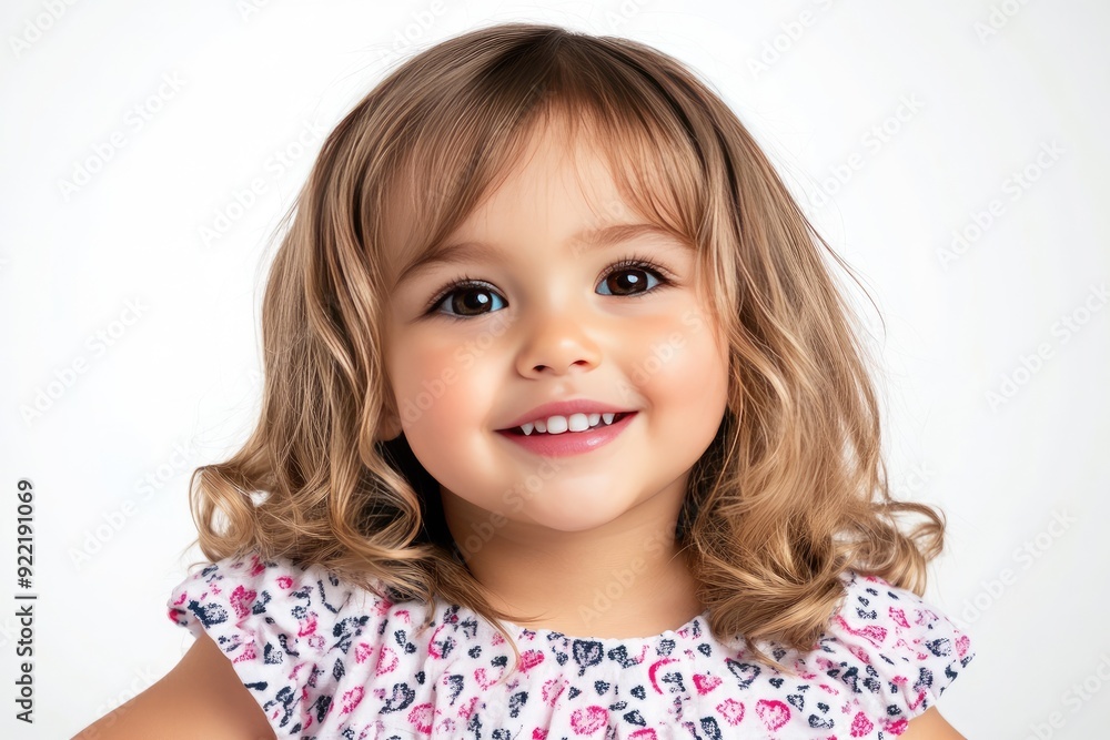A joyful girl with curly hair smiles brightly in a pink patterned dress against a soft white background A joyful girl with curly hair smiles brightly in a pink patterned dress against a soft white background