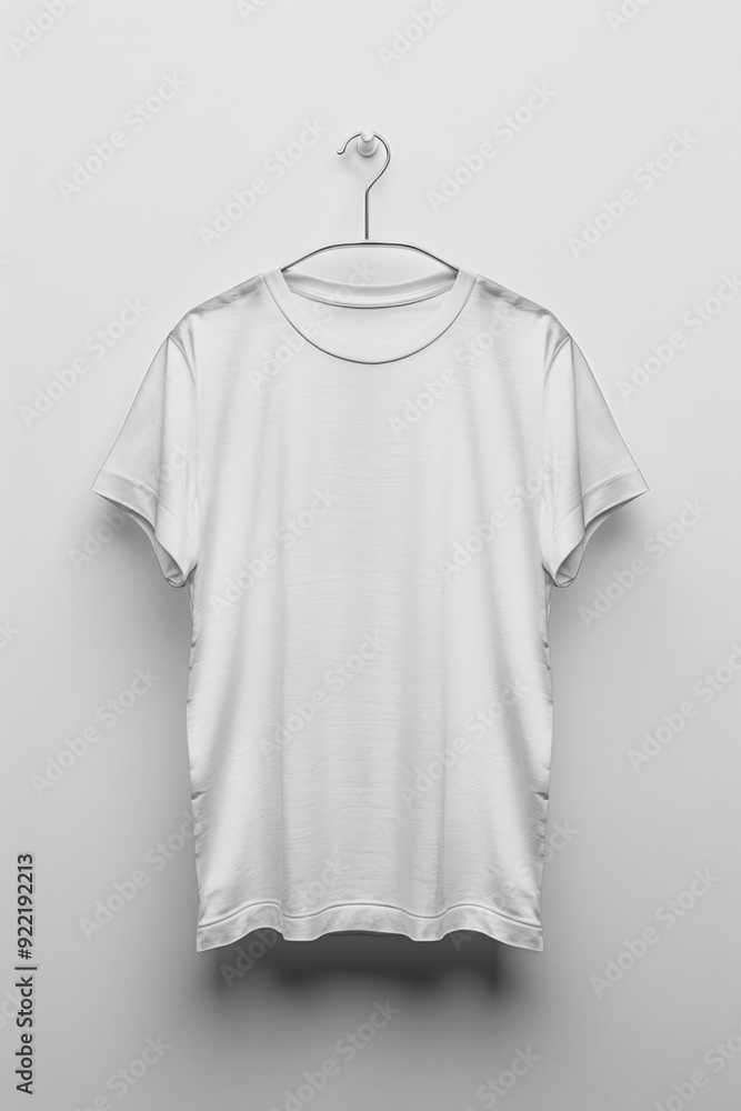 Plain mockup white t-shirt on a hanger against a light background Plain mockup white t-shirt on a hanger against a light background