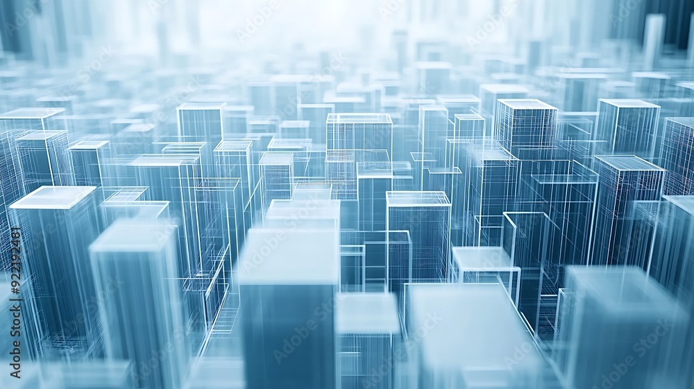 Fototapeta premium A futuristic cityscape featuring transparent, geometric structures with a blue pastel hue, creating a sense of depth and modernity.