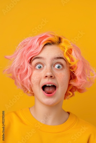 An Embarrassed Young Beautiful Woman With Dyed Hair, Looking With An Open Mouth And Surprised Eyes, Isolated