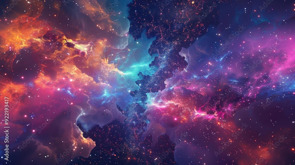 Fototapeta premium Stunning cosmic scene featuring vibrant colors and swirling clouds of gas, depicting the beauty of deep space and the universe.
