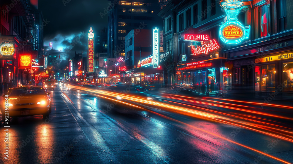 A bustling city street at night with neon signs glowing brightly, car lights streaking through the scene and pedestrians adding life to the vibrant urban environment A bustling city street at night with neon signs glowing brightly, car lights streaking through the scene and pedestrians adding life to the vibrant urban environment