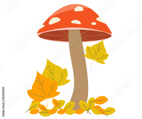 きのこと楓の葉。秋の植物。ベクターイラスト