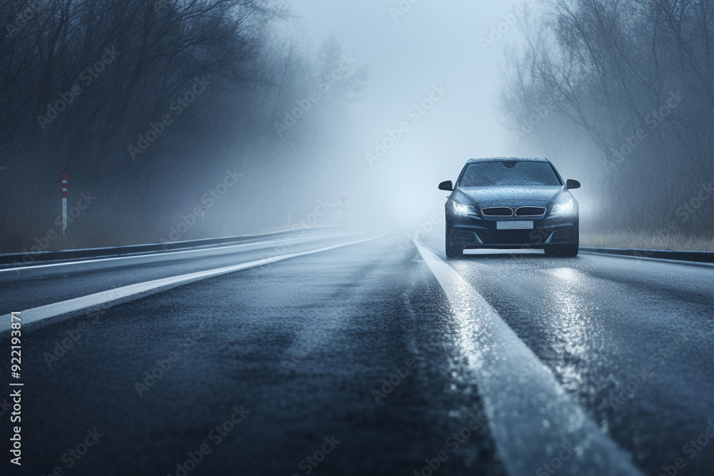Fototapeta premium car on the highway, winter wet road, danger of an accident in rainy weather slippery asphalt