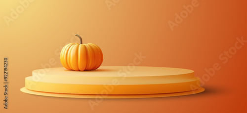 A single pumpkin displayed on an orange-colored podium with a warm gradient background ideal for autumn or Halloween-themed presentations and minimalist design projects. Vector 3d
