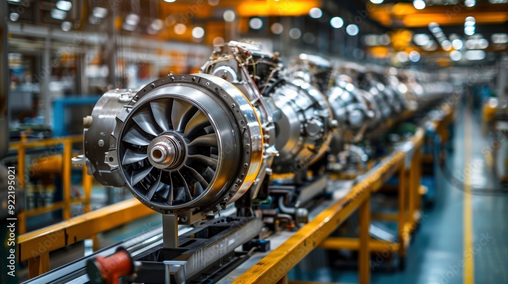 Fototapeta premium An engine assembly line in a modern factory, with multiple engines in various stages of construction, illustrating the industrial process and high-tech manufacturing environment.